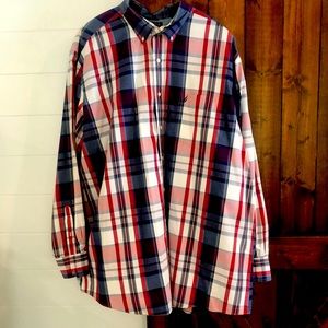 Nautica Men’s Big and Tall red, white and blue plaid button down shirt .
